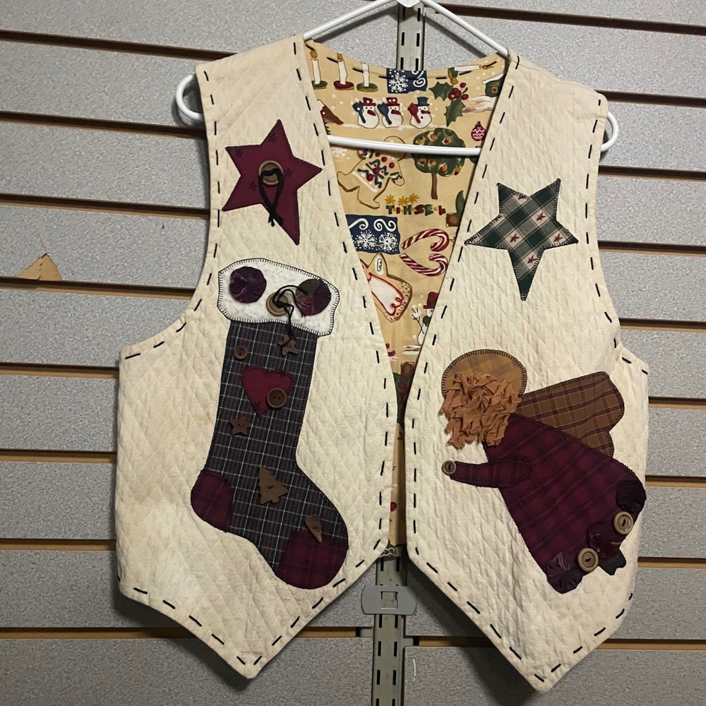Quilted Christmas‎ Vest Applique Stocking Angel Tree Women's Holiday L XL
